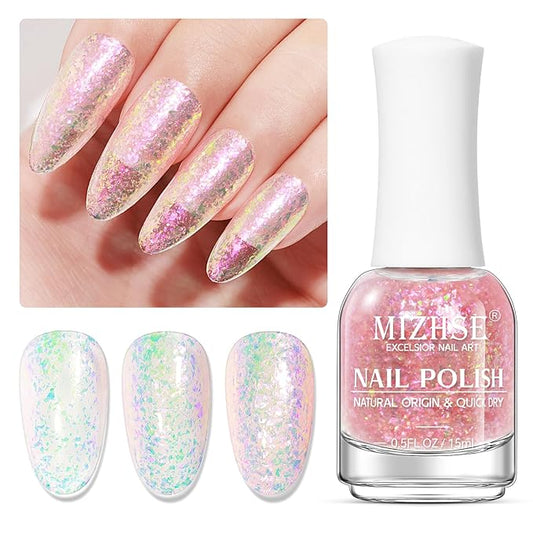 MIZHSE Nail Polish: 15Ml Mermaid Pearl Nail Polish Pink Aurora Sequins Effect Nail Polish, Fingernail and Toenail Polish Glossy Long Lasting Nail Polish Trendy DIY at Home Nail Gift Spree