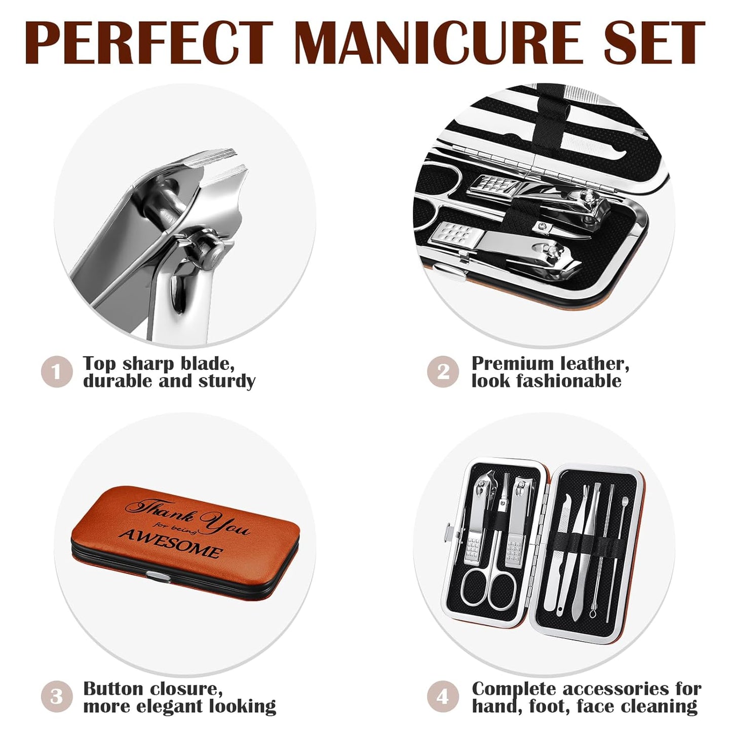 Therwen 24 Sets Manicure Set Nail Clippers 8 in 1 Stainless Steel Grooming Nail Kit Thank You Appreciation Gift Professional Pedicure Tool for Men Women Personal Care(Brown)
