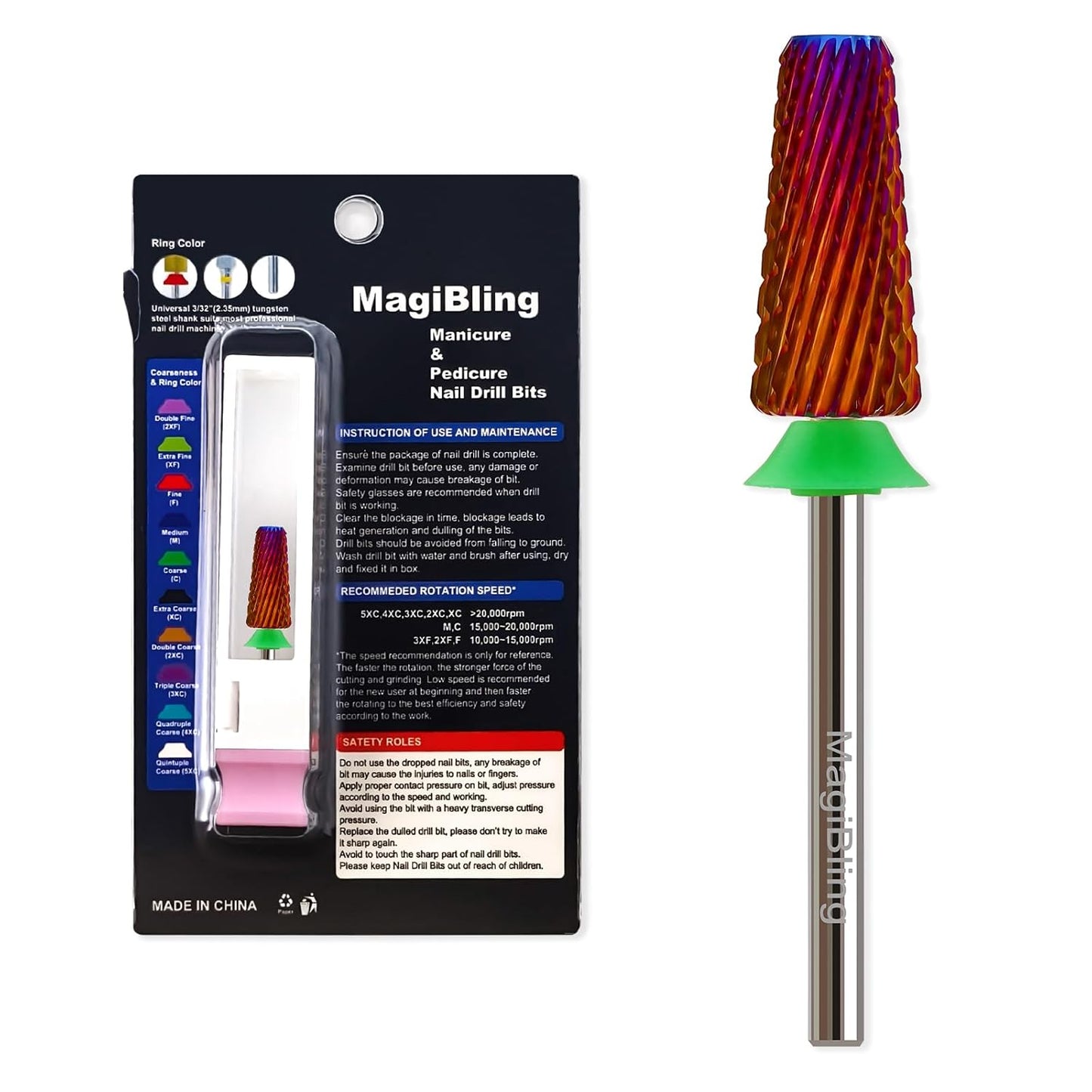Professional Nail Drill Bits for New Artists, Cross Cut 3/32'' Safety Tungsten Carbide Tapered Bit, Remove Gel Fast, Left & Right Hand Use, Manicure Cuticle Soft Hard Gel Polishing, Coarse.