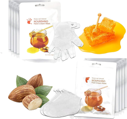 Elitzia Foot Mask Hand Mask Hydrating Honey Almond Extract Moisturizing 5 Pairs Gloves 5 Pairs Socks Masks Intensive Repairing Softening Masks Women Spa Dry Cracked Skin Care ETWHF