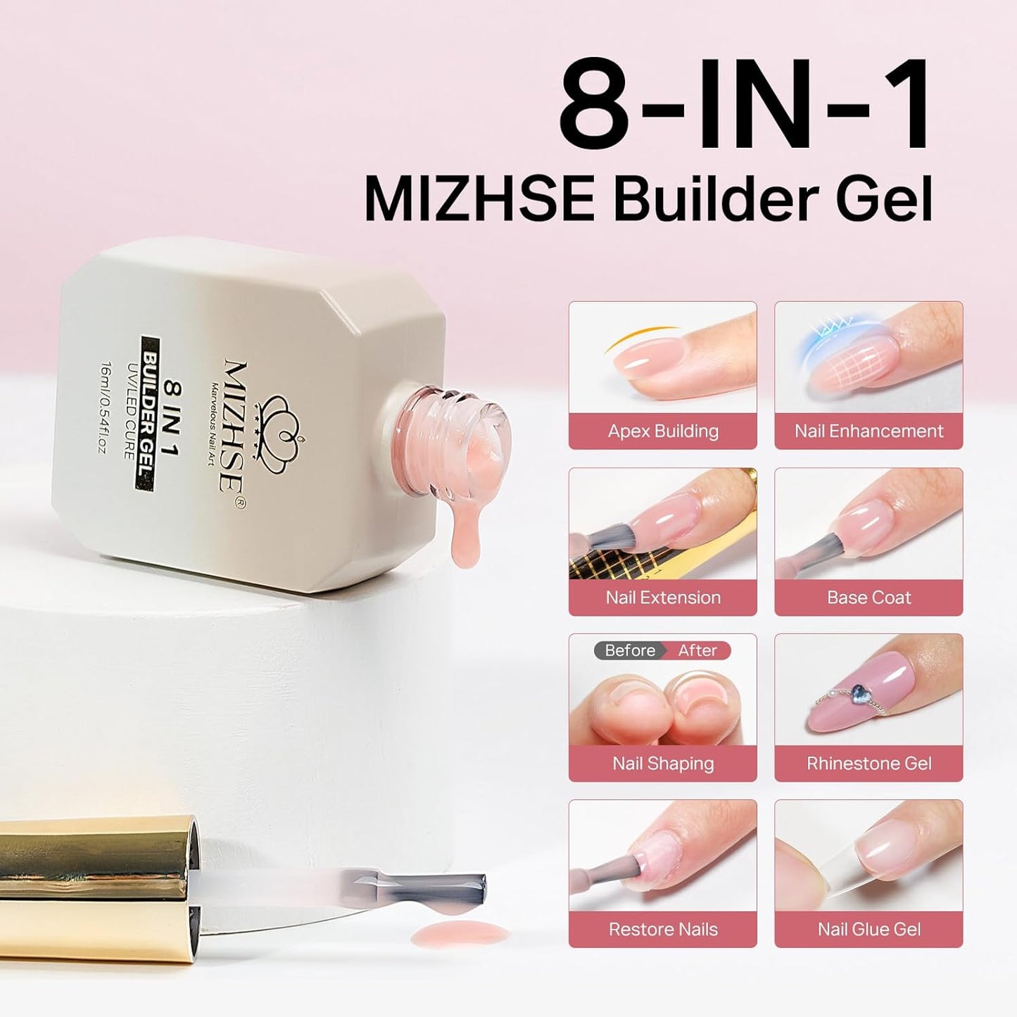 MIZHSE Builder Nail Gel, 8-in-1 Jelly Pink Nude Builder Nail Gel Strengthener Gel Thickening Extension Rhinestone Glue in a Bottle for DIY Salon LED & U V Lamp Needed 16mL