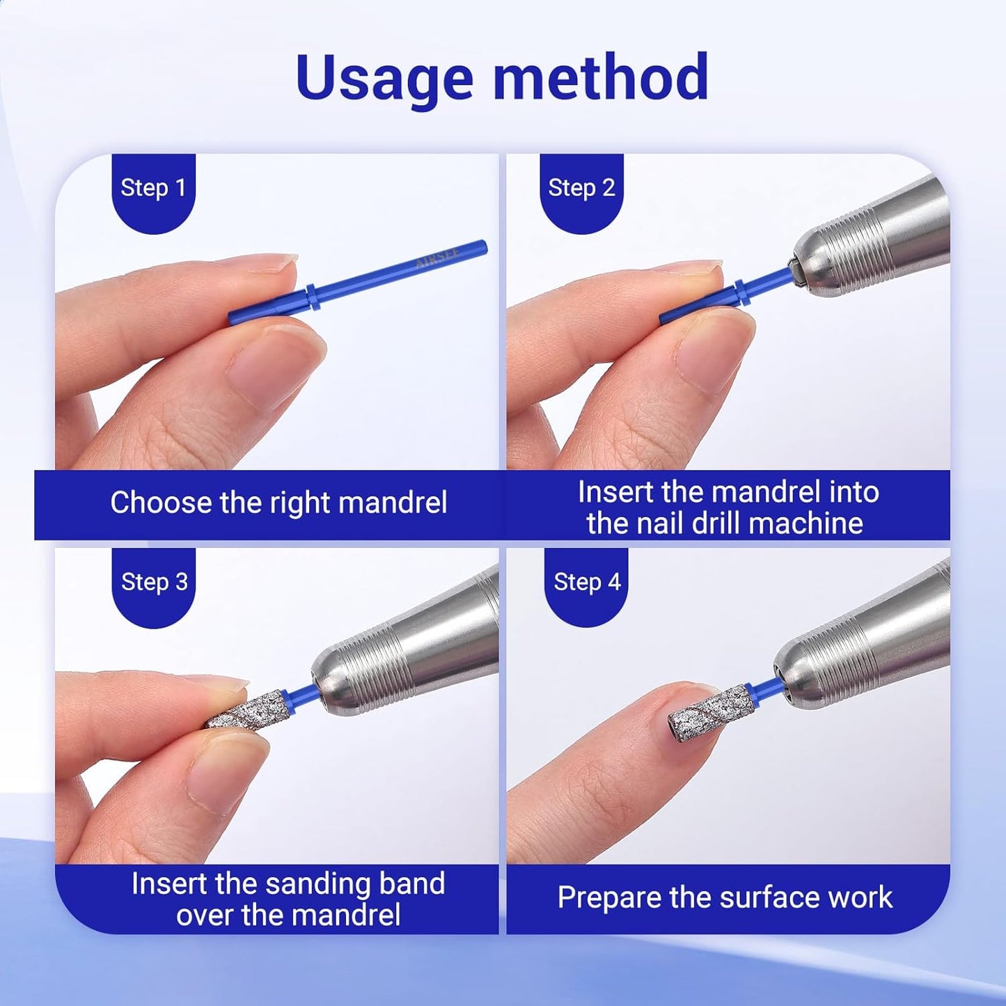 AIRSEE 3.1mm Small Nail Drill Mandrel Bits for Mini Efile Sanding Bands, Stainless Steel Professional Electric Head Clean Remove Cuticle Removing, Acrylic Manicure Sander Safety (Klein Blue)