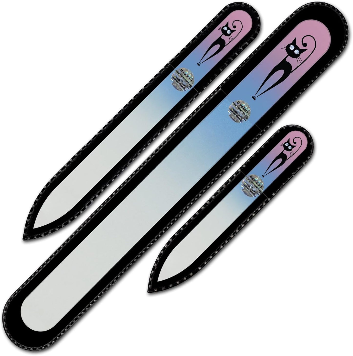 Mont Bleu Set of 3 Cats Crystal Nail Files Hand Decorated with Crystals from Swarovski® | Hand Made, Czech Tempered Glass, Lifetime Guaranty, Glass Nail Files for Natural Nails
