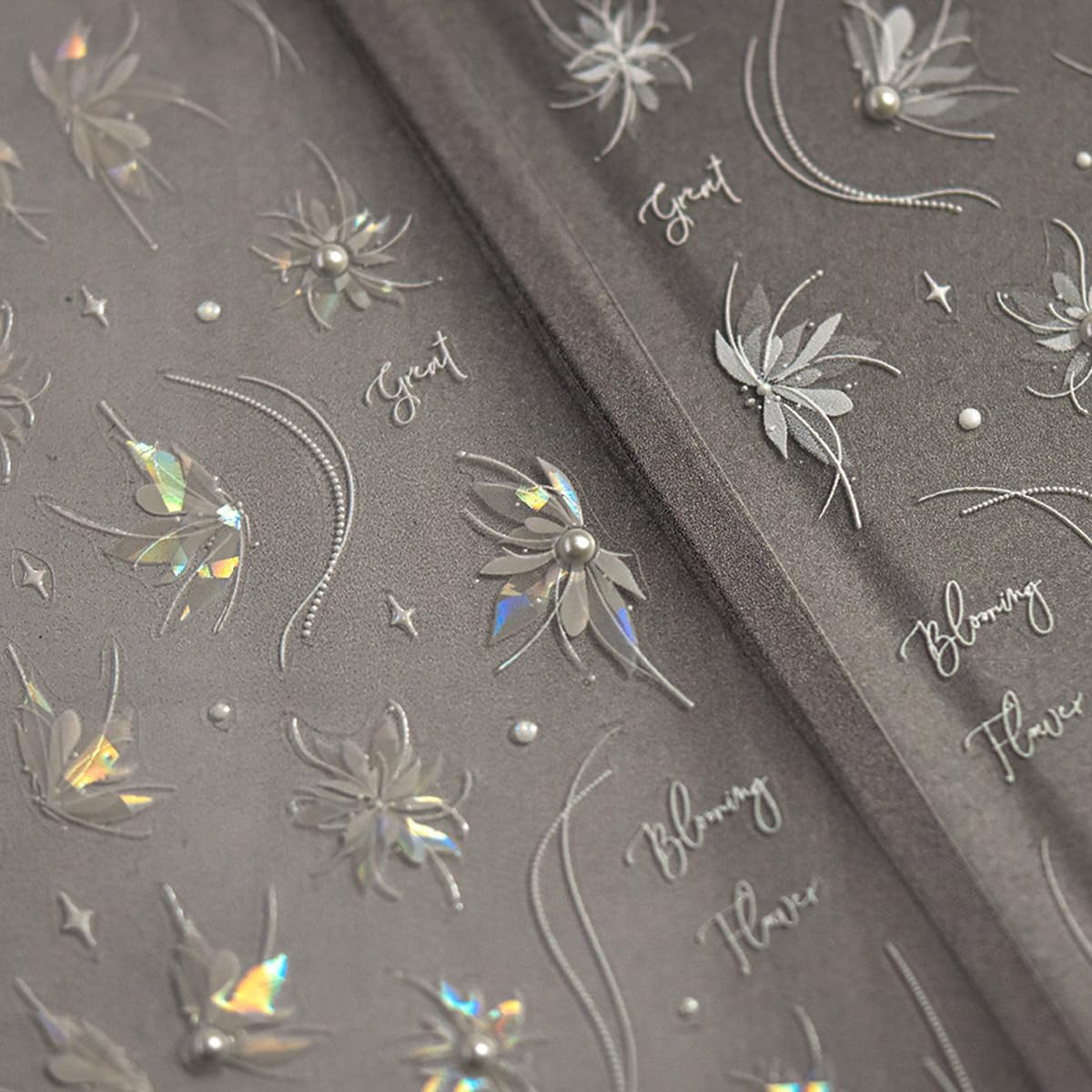 1 Sheet Shell Light Flower Nail Sticker with Rhinestone Design, White Line Nail Decals, 5D Embossed Self-Adhesive Nail Design Stickers for Women Daily DIY Manicure Decoration Supplies