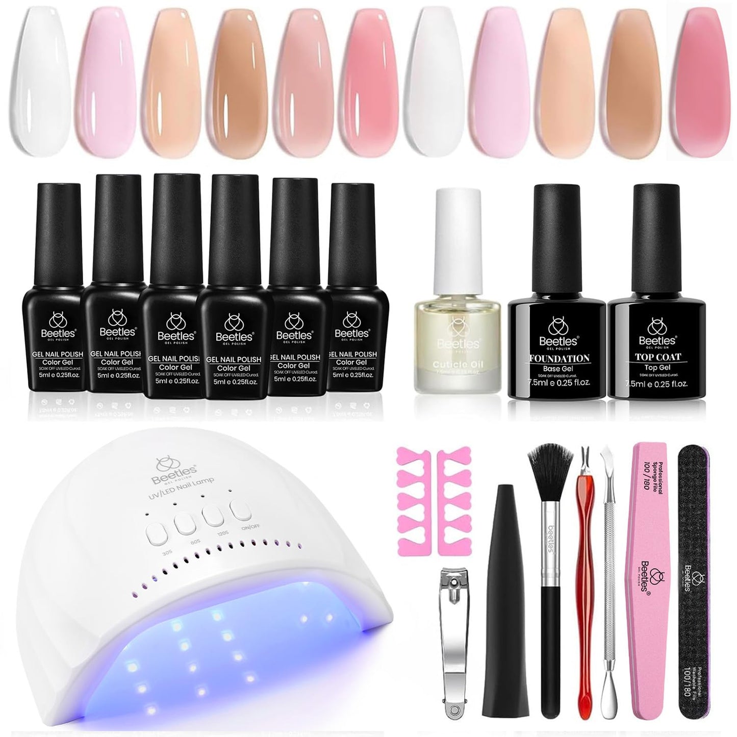 Beetles Gel Nail Polish Kit with U V LED Light - 6 Colors Jelly Milky White Sheer Pink Nude Gel Polish Starter Kit Manicure,Soak Off U V Nail Polish Set Salon DIY for Girl