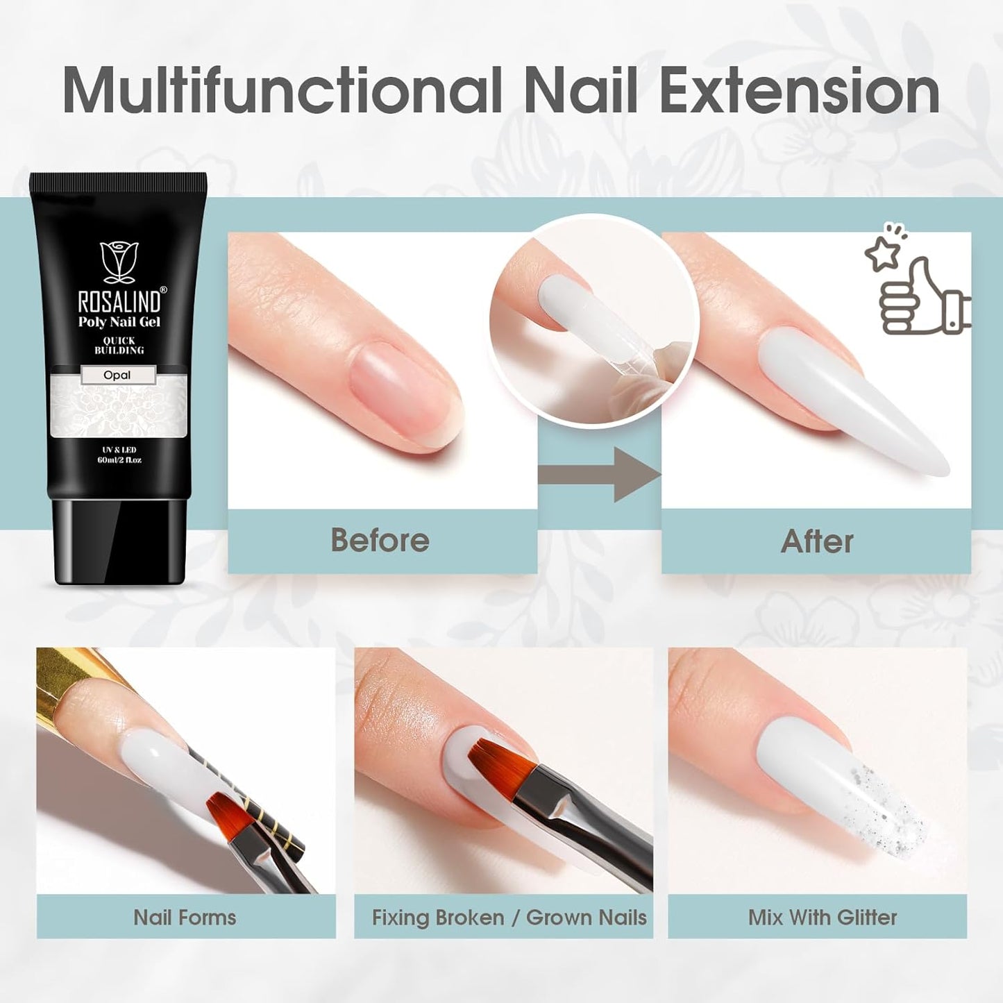 Opal White Poly Extension Gel, ROSALIND 2 oz White Poly Nail Gel for Nail Art Decoration, Nail Thickening Extension Easy to DIY Use at Home Need UV Lamp (Update Version)