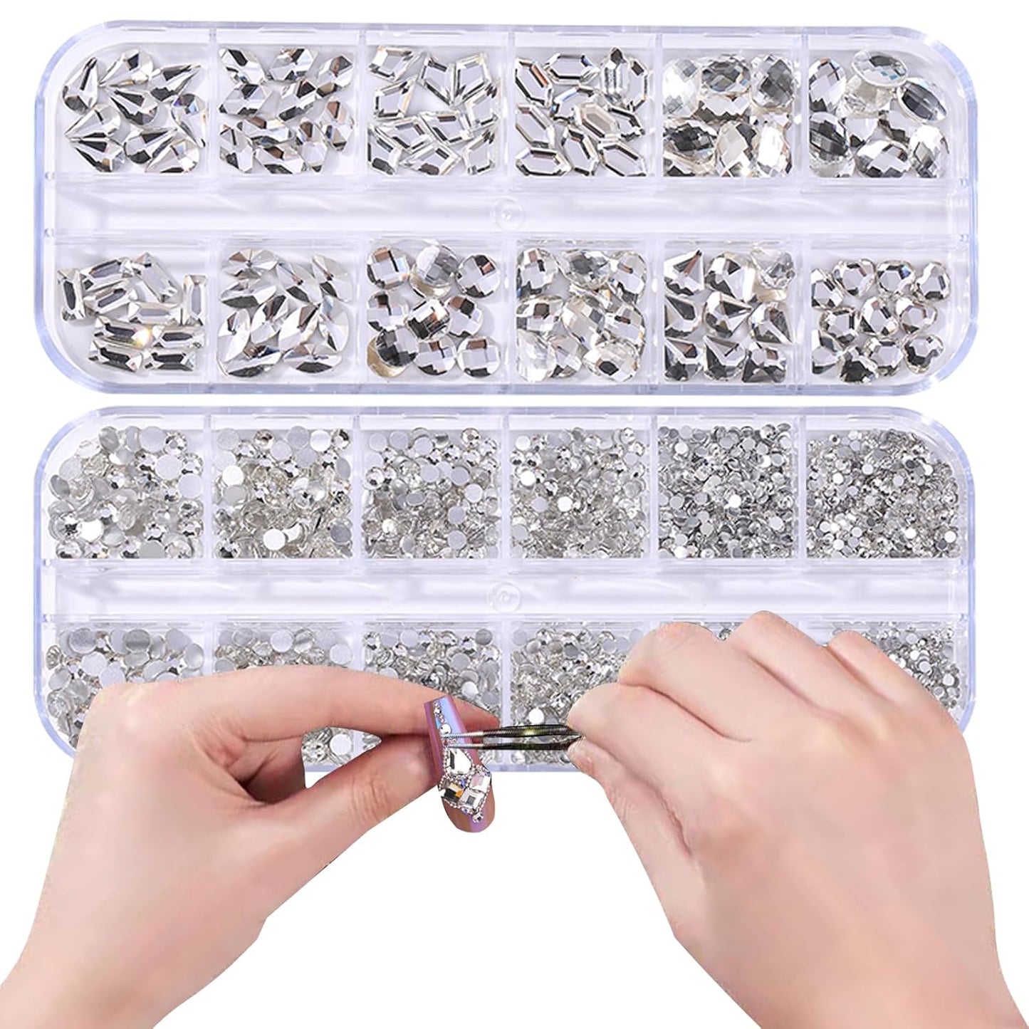 3120 White Diamond Nail Rhinestones, HOINCO Crystal Nail Rhinestones, 3D Mixed Size Crystal AB Flat Bottom Gemstone for Nail Art DIY Craft Decoration with Crayon Tweezers