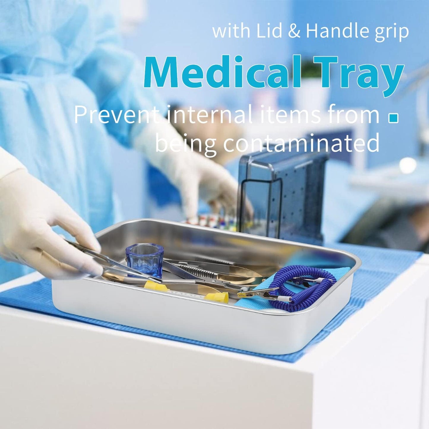 Medical Surgical Trays Stainless Steel Dental Instruments Tray Organizer Holder Sterilization Plate Trays Boxs with Lid & Handle Grip Large