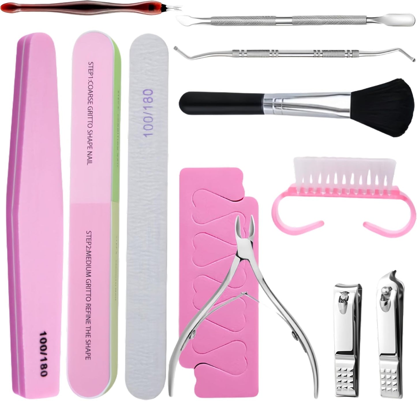 Professional Nail Care Kit,Nail Files 100/180,Nail Buffer Block,Cuticle Nippers,Cuticle Trimmer,Cuticle Pusher,Nail Art Tools,Pedicure & Manicure Tools,Nail Prep Kit,Manicure Kit for Women