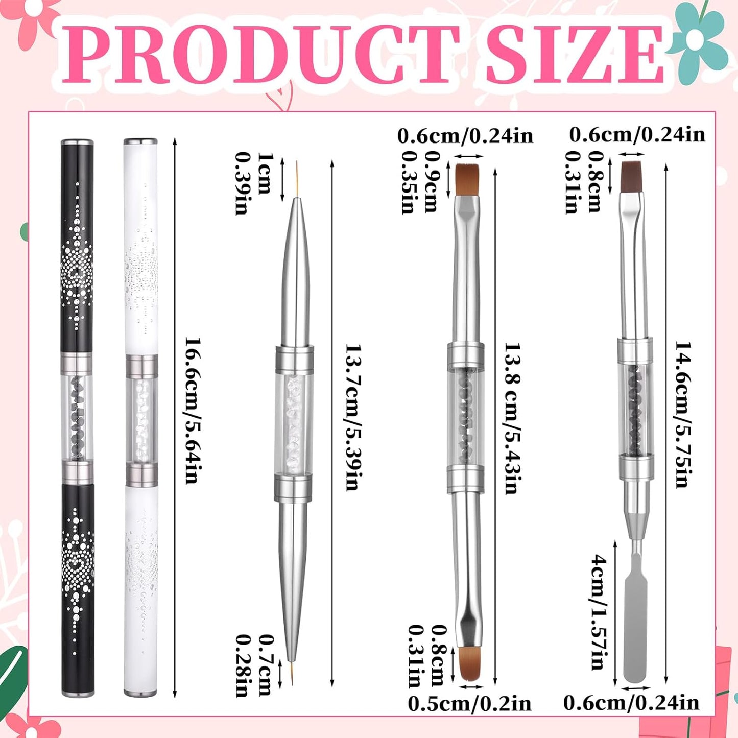 3Pcs Hard Gel Nail Brushes, Dual-Ended French Tip Nail Gels Liner Brush Rhinestone Handle Nails Brush, Builder Gel Liner Brushes for Professional Nails Art French Manicure Design