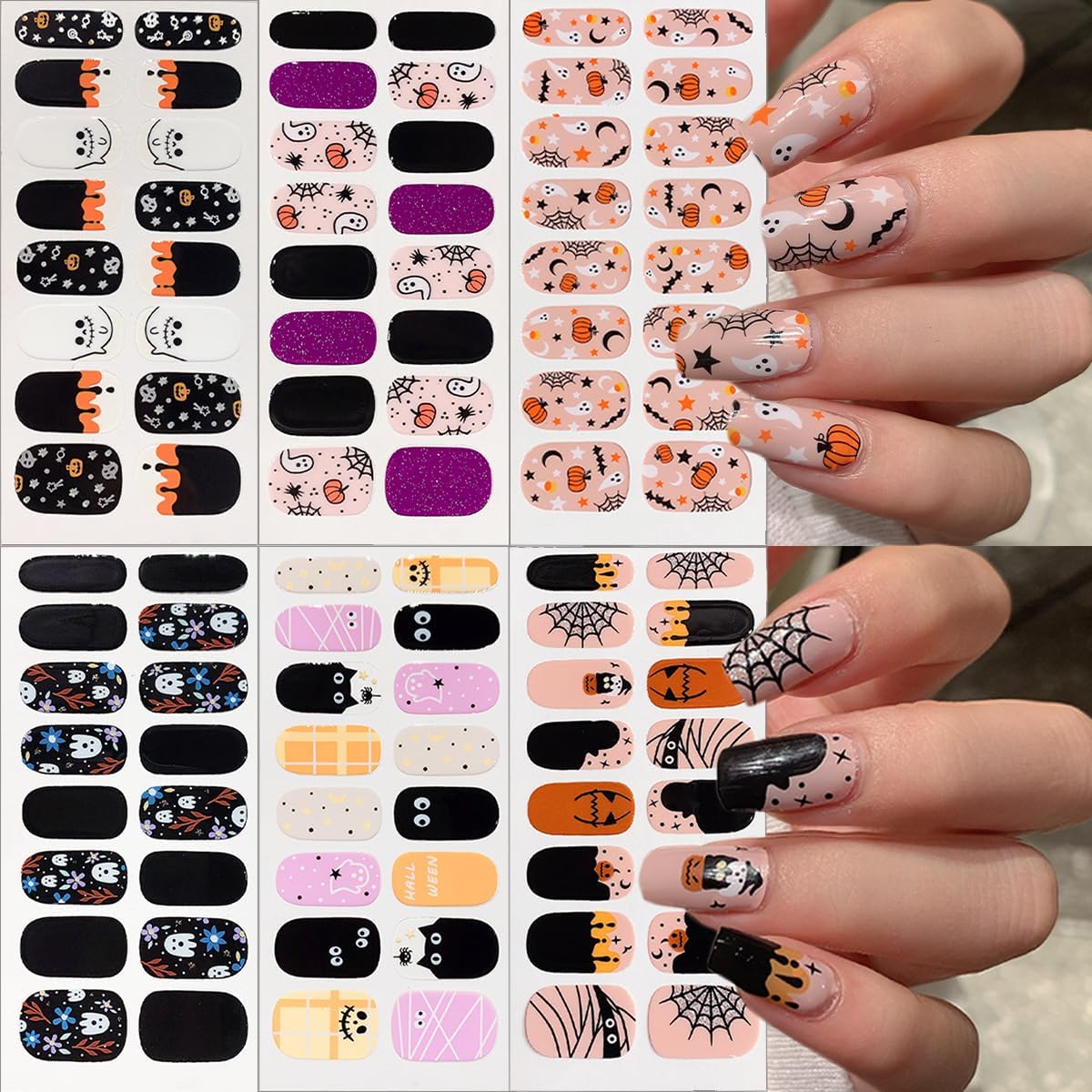 6 Sheets Halloween Nail Art Stickers Cute Cat Ghost Full Nail Wraps Stickers 3D Self-Adhesive Pumpkin Bat Spider Mummy Nails Polish Sticker Shiny Spider Web Gel Nails Strips Decals for Women