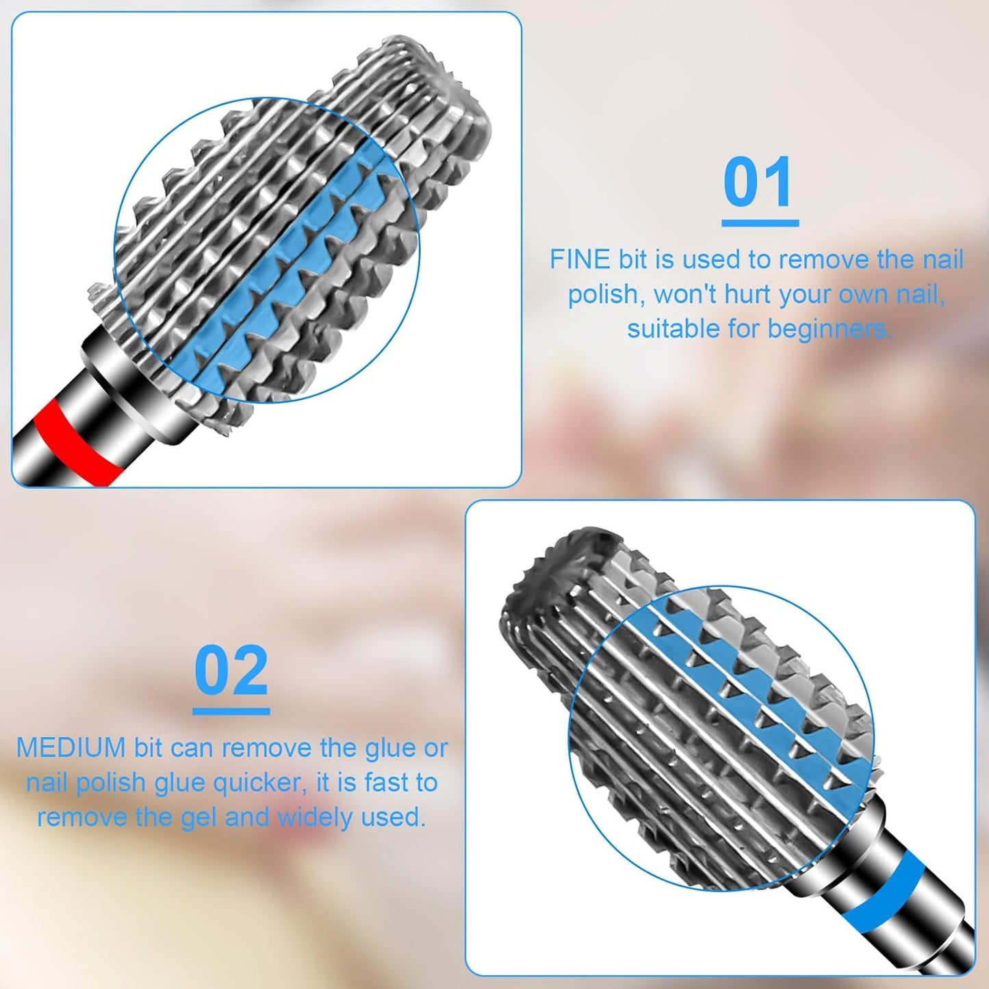 Diesisa 2 Pack Nail Drill Bits for Acrylic Nails, 3/32" Shank Drill Bits for Nails Professional Electric Nail Drill Bits for Home Salon/Fine+Medium Nail Bits - 5 in 1 Cylindrical bit