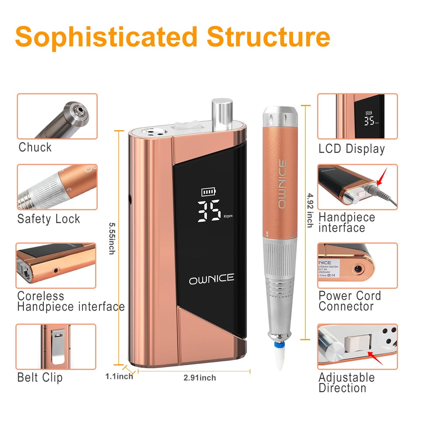 Electric Professional Nail Drill 35000RPM Cordless Portable Nail E-File Buffer Tools with Bits Perfect for Salon Manicure Pedicure Acrylic, Gel, Natural Nails(Rose Gold)