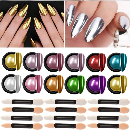Nail Chrome Powder - 12 Colors Aurora Nail Powder Mirror Luster Effect Charm for Gel & Acrylic Nails