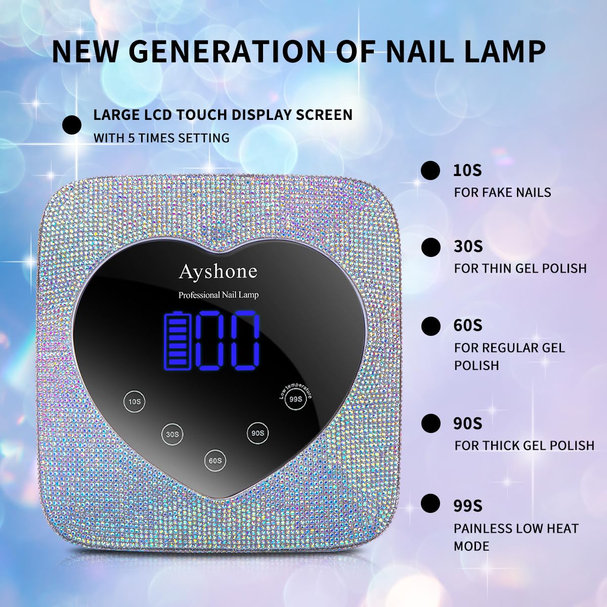 Cordless UV LED Nail Lamp,72W Rechargeable Nail Dryer Gel Polish Light with Large LCD Display,Rechargeable Nail Curing Lamp for Salon & Home (AB Diamond)