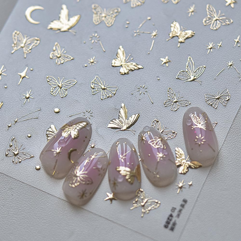 1 Sheets Golden Hot Stamping Butterflies Nail Art Stickers, 5D Self-Adhesive with Stars and Moon Nail Decals for Women, Gold Butterfly Design Spring Nail Stickers for DIY Nail Supplies Decoration