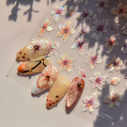 Flower Nail Stickers for Acrylic Self Adhesive 5D Embossed Flowers Nail Art Stickers Aurora Shell Pink Floral Sticker Flower Nails Decals Spring Summer Nail Supplies for Women Nail Decorations