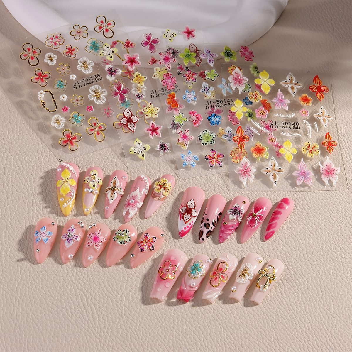 4 Sheets Flower Nail Stickers for Nail Art,5D Embossed Hibiscus Nail Decals Pink White Lily Hibiscus Tropical Floral Summer Spring Flower Nail Art Supplies for Women Girls Nail Decoration