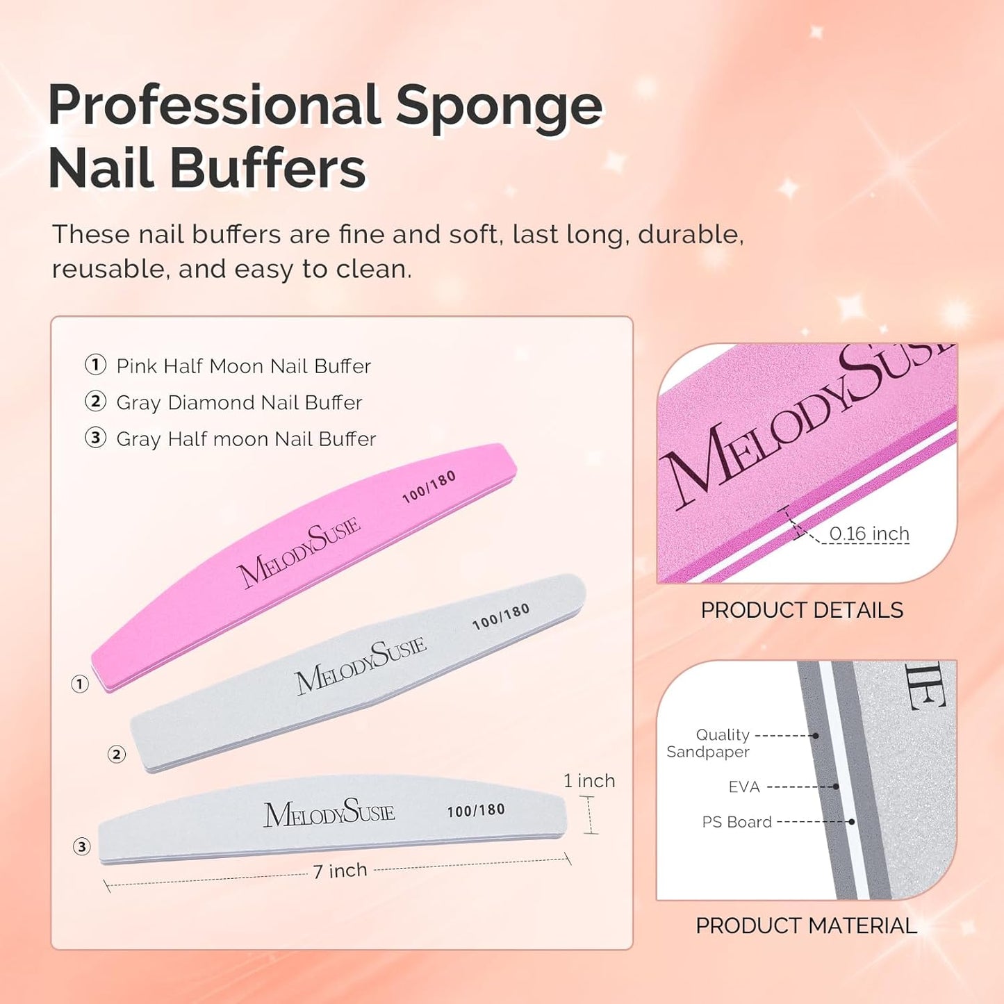 MelodySusie 9Pcs Nail Buffers Set,Nail Files and Buffers,100/180 Grit, Diamond Nail Buffer, Professional Nail Care Tools Kit for Home Use,Salon