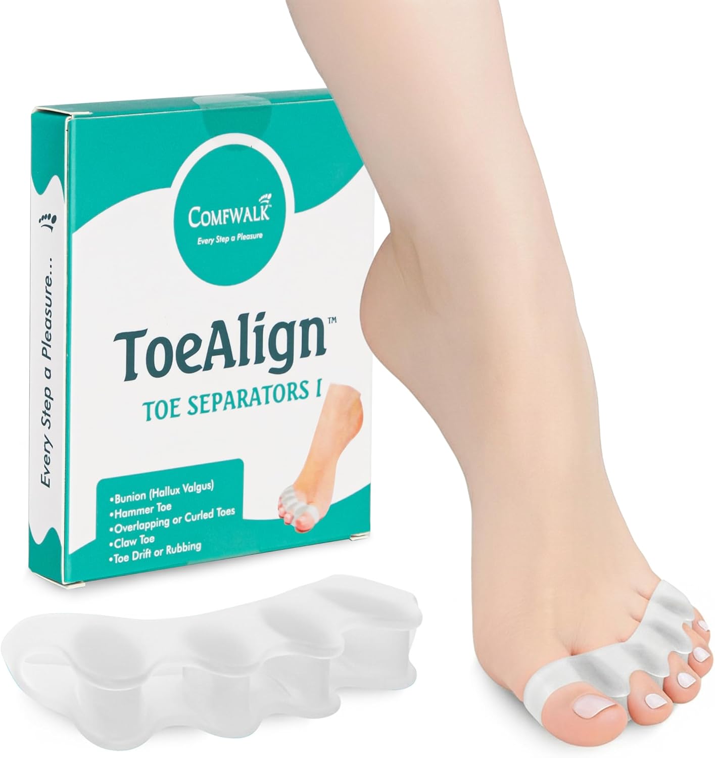 Comfwalk® ToeAlign™ – Toe Separators for Men & Women – Toe Straightener Stretcher – Corrects Bunions, Overlapping Toes, Hammer Toes, Claw Toes – Soft Medical-Grade Silicone Toe Spacers (Transparent)