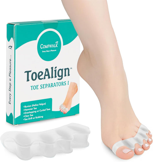 Comfwalk® ToeAlign™ – Toe Separators for Men & Women – Toe Straightener Stretcher – Corrects Bunions, Overlapping Toes, Hammer Toes, Claw Toes – Soft Medical-Grade Silicone Toe Spacers (Transparent)