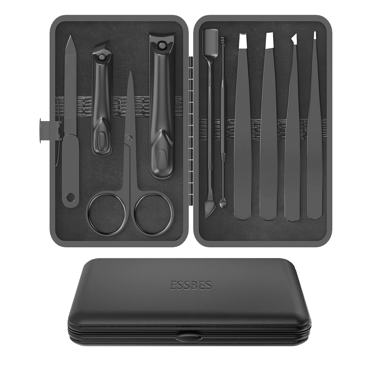 Manicure Set 10 in 1 Stainless Steel Nail Clippers Scissors Tweezers Grooming Kit with Travel Case (Black)