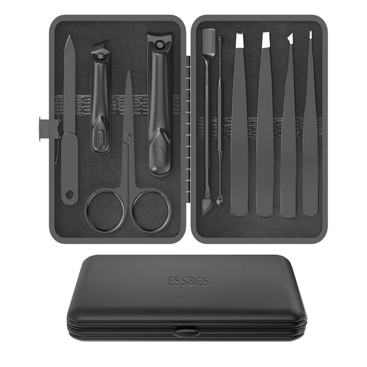 Manicure Set 10 in 1 Stainless Steel Nail Clippers Scissors Tweezers Grooming Kit with Travel Case (Black)