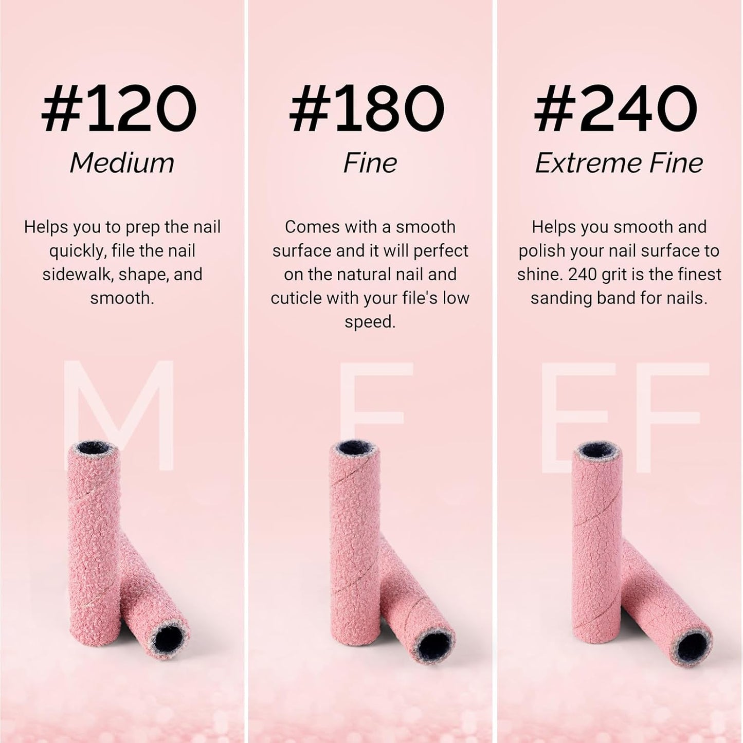MelodySusie 50 Pcs Nail Drill Bits Super Long Small Sanding Bands with 3.1mm Crystal Mandrel Bit, 240 Extreme Fine Grit Nail File for Acrylic Nails Gel Manicures and Pedicure, Pink