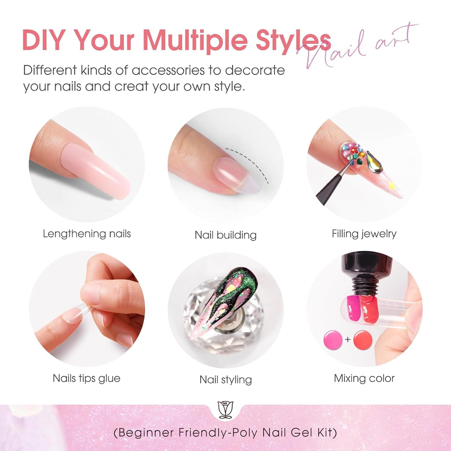 ROSALIND Light Pink Nude Poly Nail Gel Kit 0.34 oz/10 ml - 20 Colors White Brown Poly Extension Gel with Mini U V Lamp Builder Nail Gels Starter Kit with Nails Forms Base Coat Coat Beginners Set