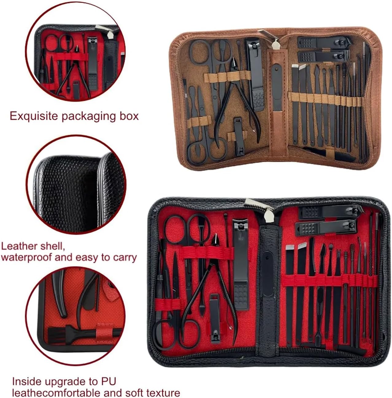 Manicure Set - Complete Stainless Steel Nail Clippers and Care Tools Set in Luxurious Leather Travel Case - Portable 26-Piece Travel Nail Kit (Brown)