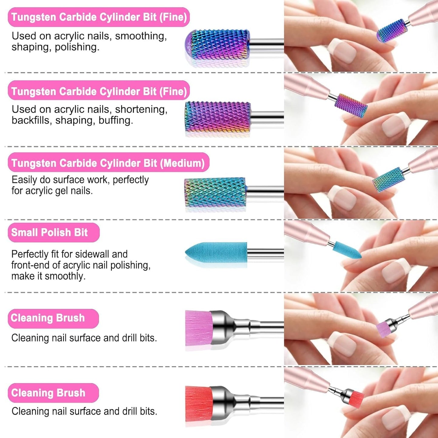 30Pcs Nail Drill Bits Set, 3/32 Inch Tungsten Ceramic Diamond Carbide Nail Drill Bits for Acrylic Gel Polish, Cuticle Efile Remover for Manicure Pedicure