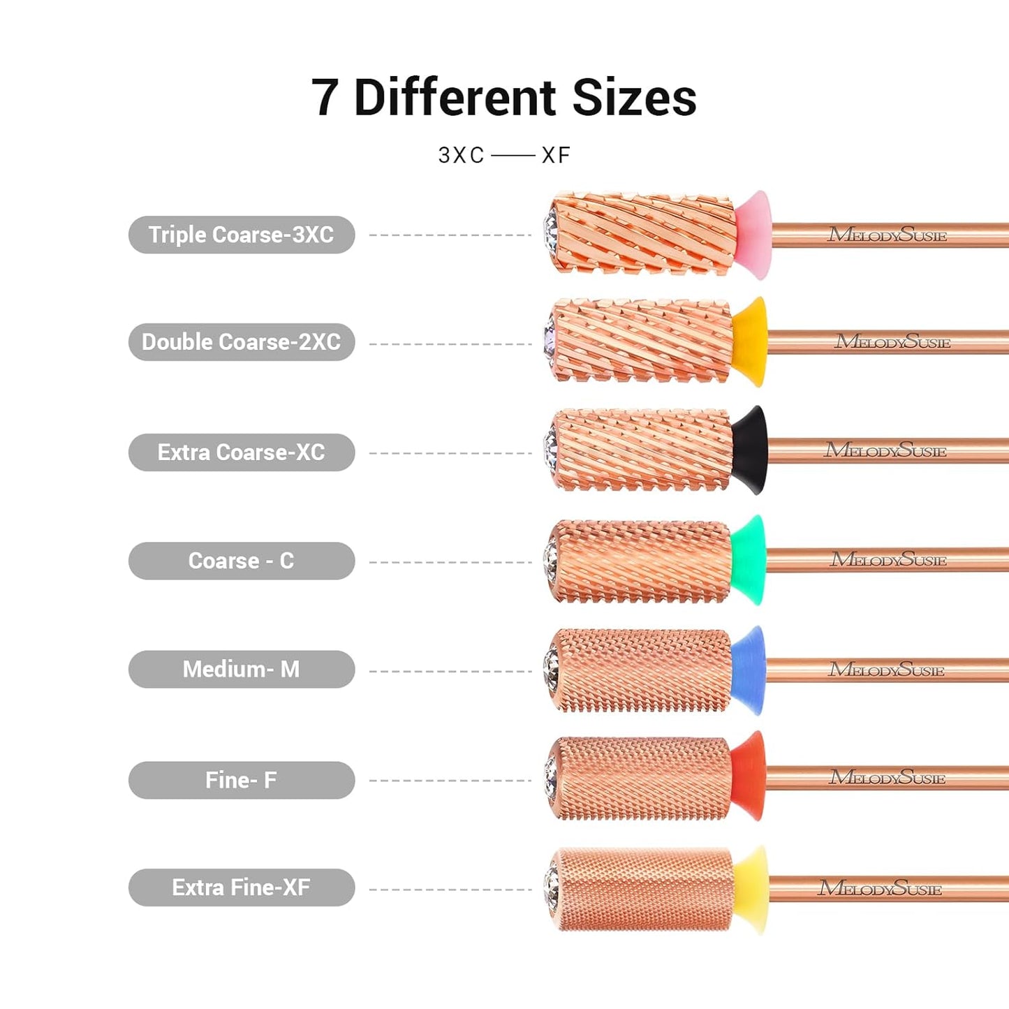 MelodySusie Crystal Top Nail Drill Bits, 3/32'' Large Barrel Carbide Bits, Suitable for Manicure Pedicure Cuticle Gel Polishing, Beginners Bits, Rose Gold, Series Bit-S, Fine