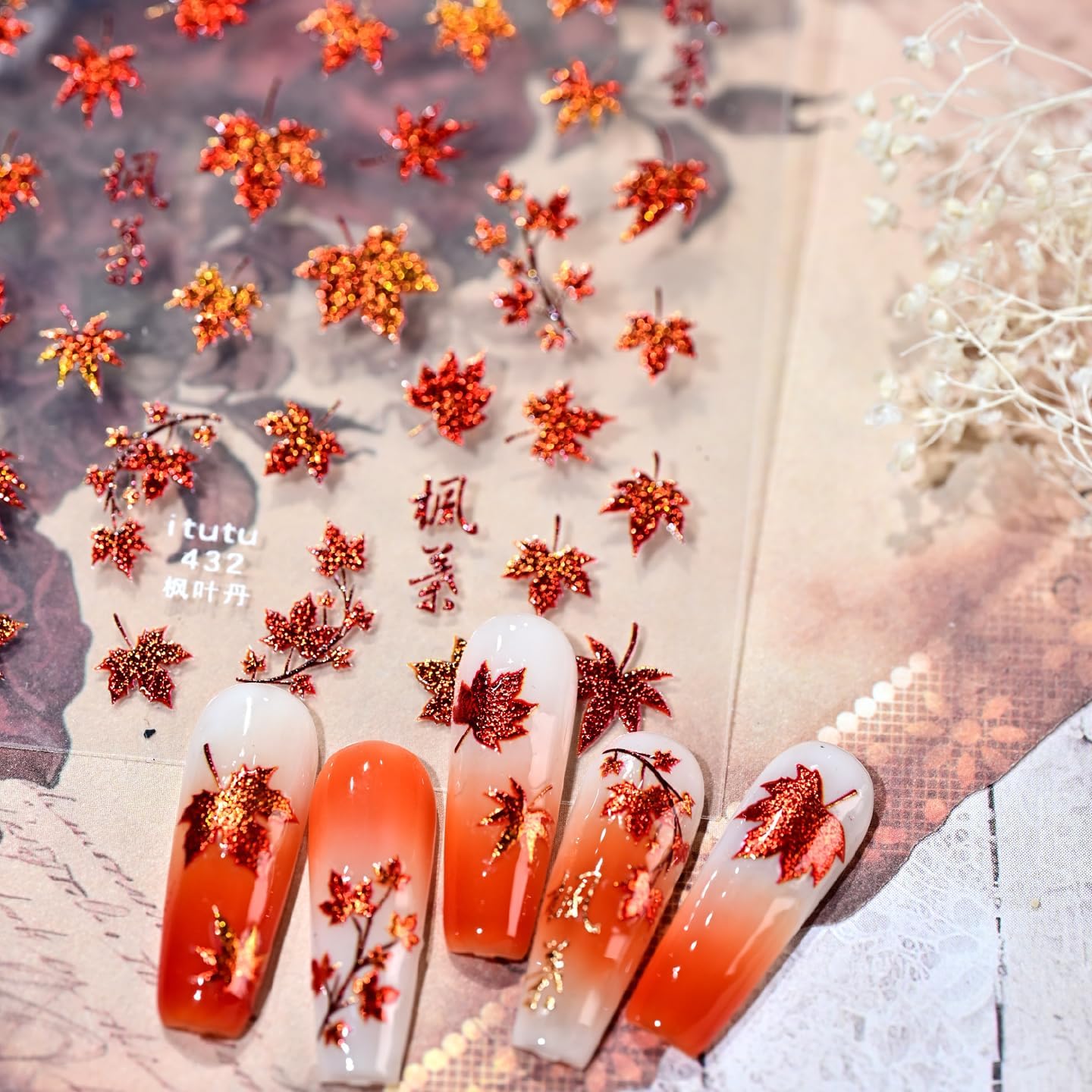 1 Sheets Fall Nail Stickers for Nail Art 5D Embossed Thanksgiving Nail Art Stickers Red Shiny Maple Leaf Nail Decals Self-Adhesive Autumn Holiday Nail Designs for Women Manicure Decoration Supplies