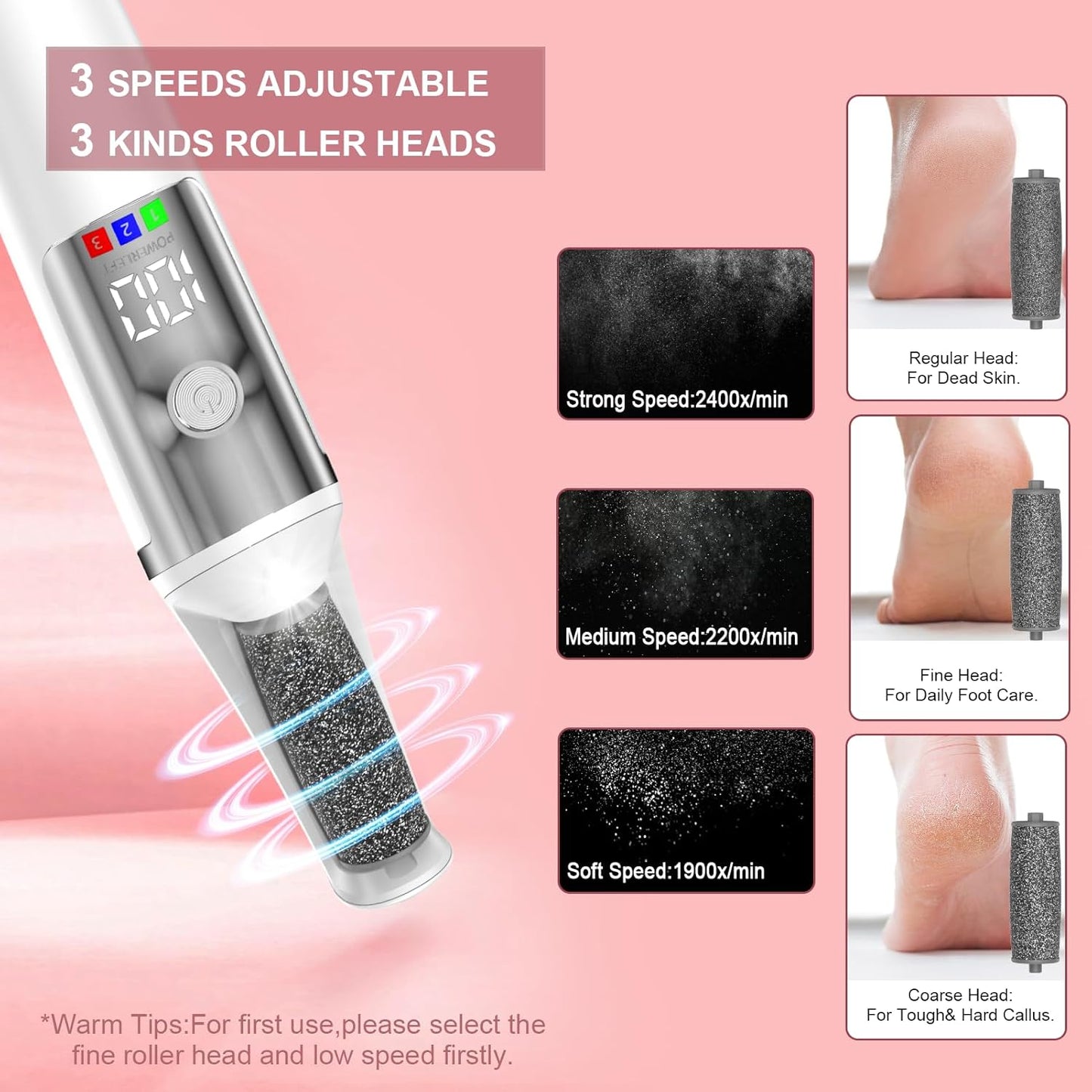 Electric Foot Callus Remover,3 Rollers,3 Speeds, Professional Electric Foot File Pedicure Tool Foot Scrubber for Feet Dead Skin,Smooth Pedicure Wand Feet Spa Care Kit for Men & Women,Ideal Gift