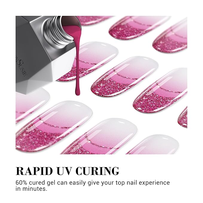 MelodySusie 30PCS Semi Cured Gel Nail Strips (Hot Pink Double French Tips), Salon Quality, Long Lasting, Easy to Apply, Includes 2 Prep Pads, Nail File and Wooden Stick