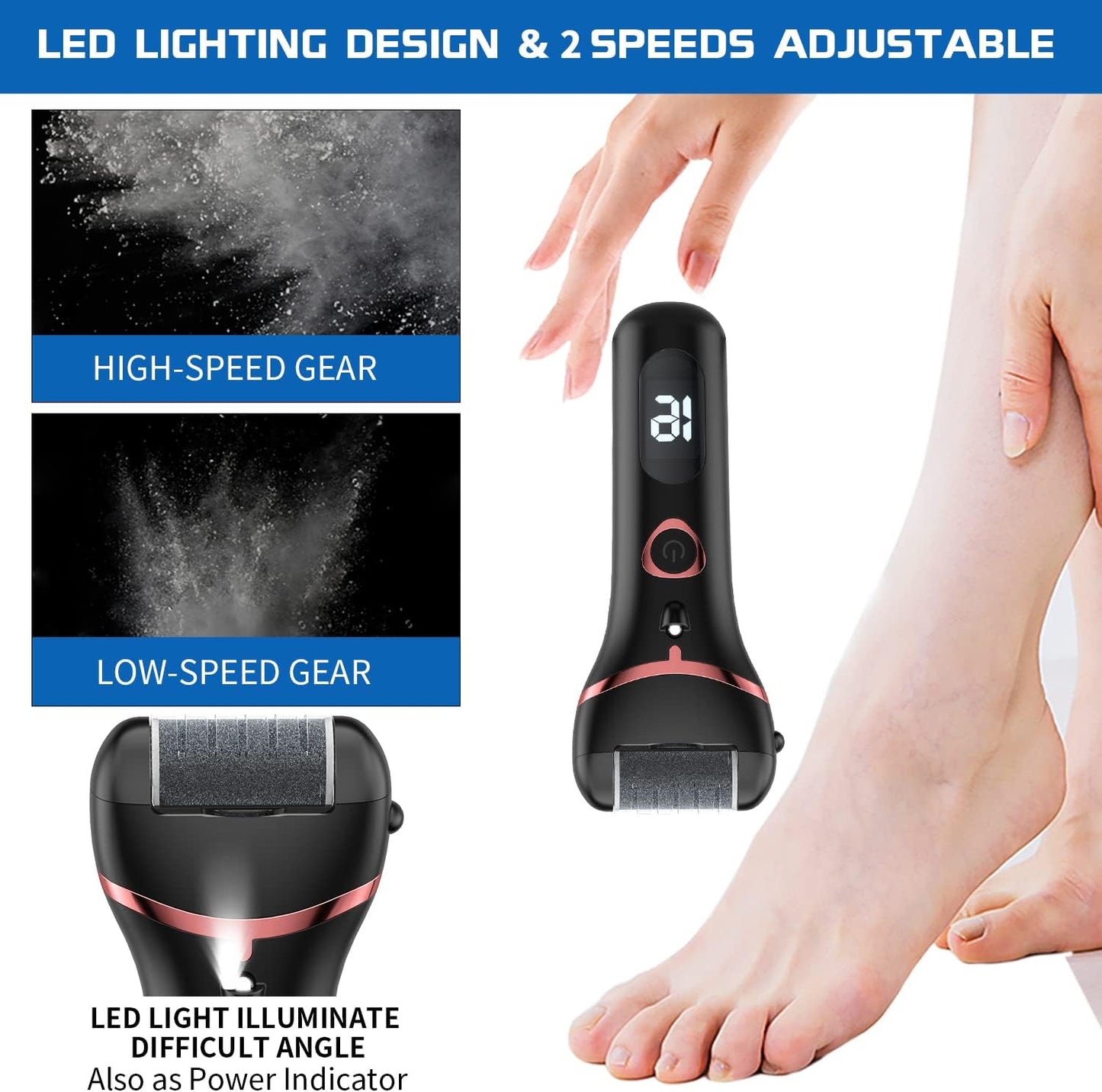 Electric Foot Callus Remover, Rechargeable Portable Electronic Foot File Pedicure Kits, Waterproof Foot Scrubber File, Professional Pedicure Tools, Foot Care for Dead Skin Ideal Gift, 3 Rollers