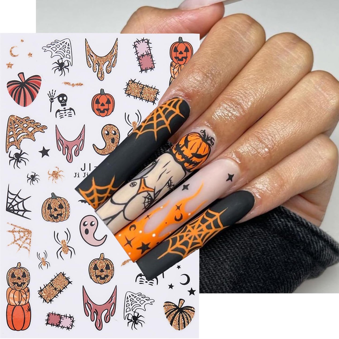 Halloween Nail Stickers for Nail Art, 3D Self-Adhesive Halloween Nail Decals Nail Art Supplies 6PCS Glitter Pumpkin Spider Web French Tip Cute Design Holiday Sticker for Women DIY Manicure Decorations