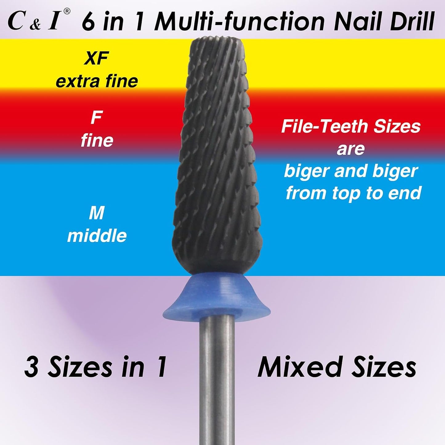 C & I Nail Drill Bit 6 in 1 Multi-function Rounded End E-file, Diamond Coat, CNC Overall Cut Nail Tools for Nail Techs Quick Remove Acrylic Nail Gels & Nail Art (Special Coat, Middle -M)