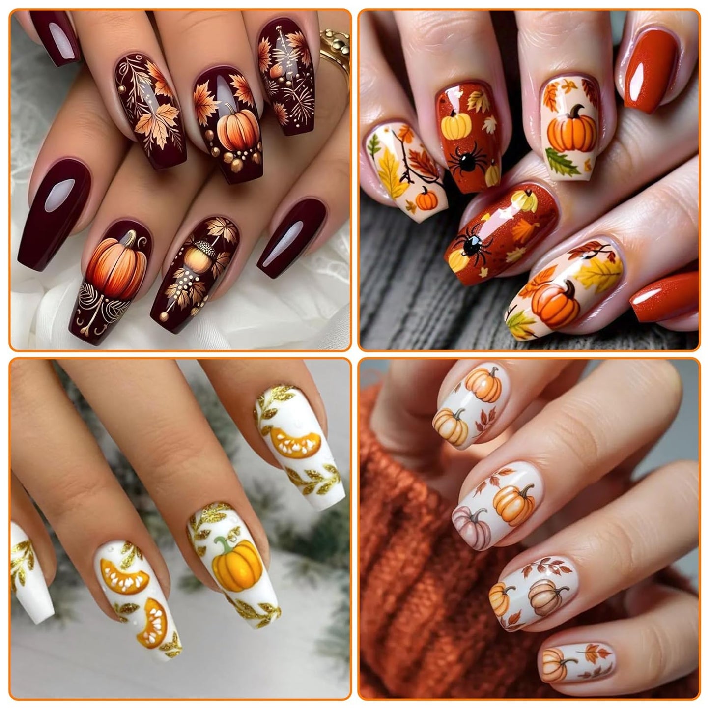 Fall Nail Stickers - Autumn Glitter Pumpkin Leaf Self-Adhesive 3D Nail Decals for Women Girls DIY Thanksgiving Day Manicure (5 Sheets)