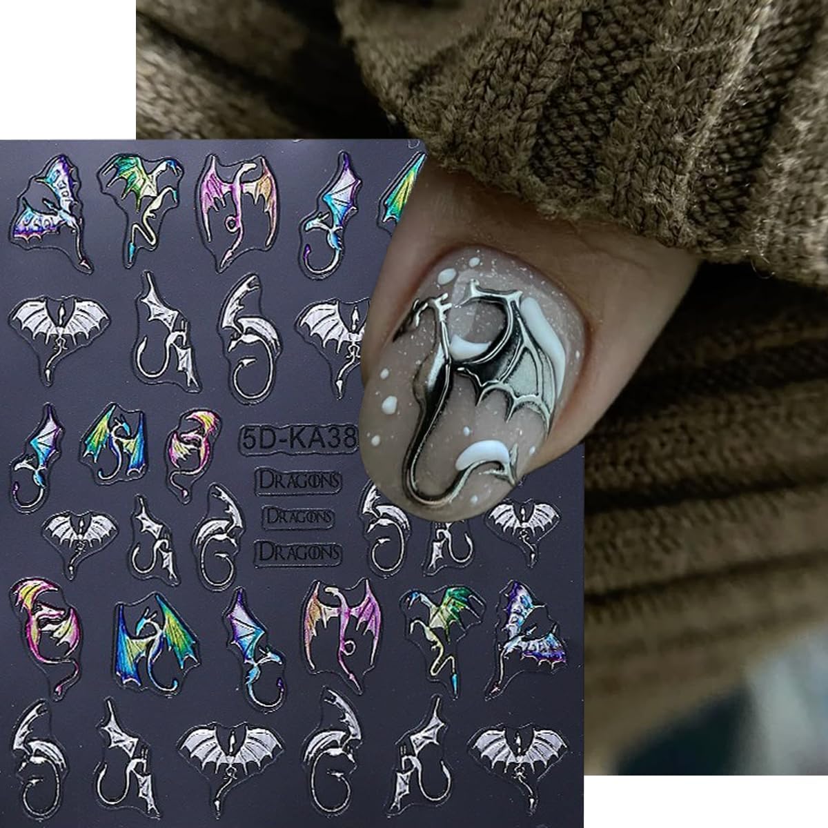 Halloween Nail Stickers 5D Dragon Nail Art Stickers 2PCS Laser Silvery Flying Devil Bat Nails Design Embossed Nail Decals Flying Dragon Manicure Sticker Supply for Women Nail Art Decorations