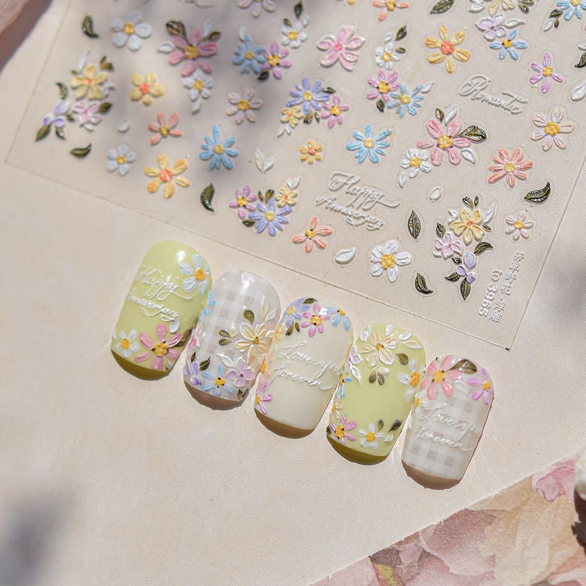Flower Nail Stickers Decals Embossed Colorful Flowers Nail Decals 5D Relief Floral Self-Adhesive Nail Design Stickers for Women DIY Manicure Decoration Supplies