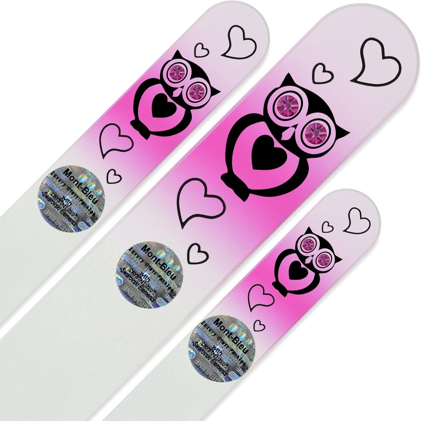 Mont Bleu Set of 3 Owls Crystal Nail Files hand decorated with crystals - Handmade - Czech Tempered Glass