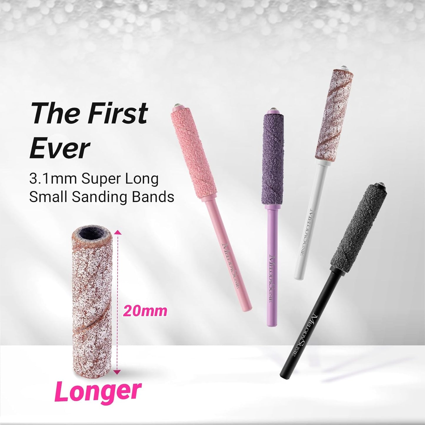 MelodySusie 50 Pcs Nail Drill Bits Super Long Small Sanding Bands with 3.1mm Crystal Mandrel Bit, 120 Medium Grit Nail File for Acrylic Nails Gel Manicures and Pedicure, Zebra