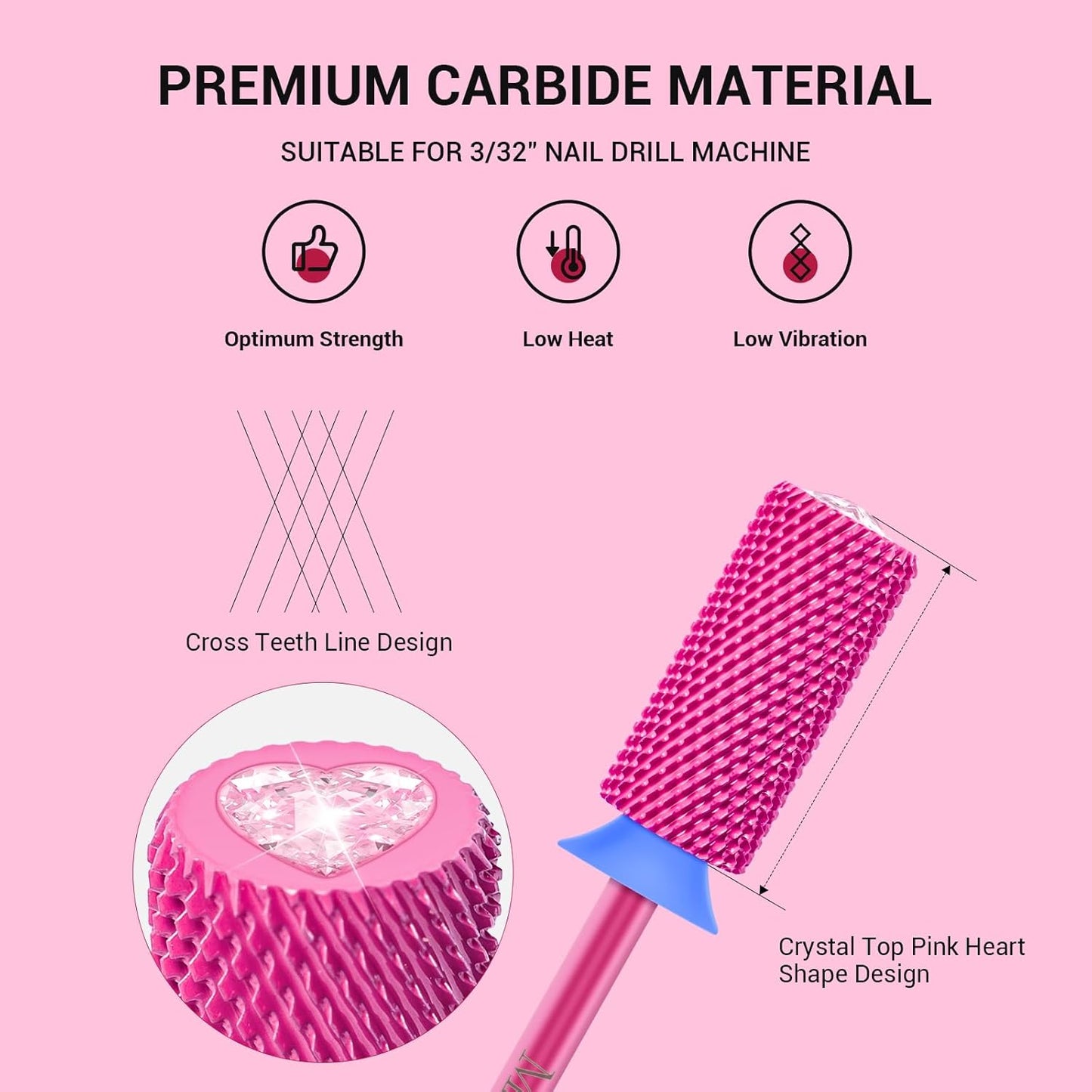 MelodySusie Large Barrel 3/32'' Tungsten Carbide Nail Drill Bit, Crystal Top Pink Heart Shape, Fast Remove Acrylic Gel, Cuticle Gel Polishing for Manicure Pedicure, Pink Blossom, Series Bit-S, Medium