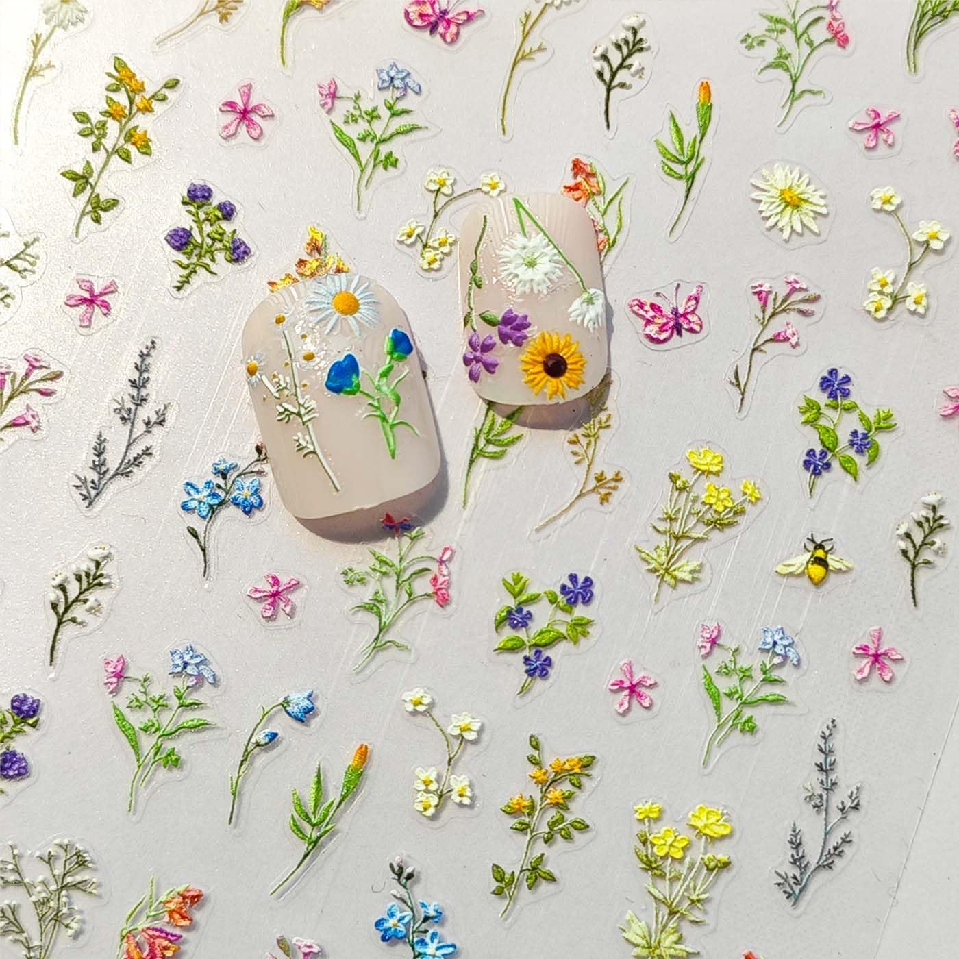 Flower Nail Stickers 5D Embossed Flowers Nail Art Stickers Spring Summer Floral Leaf Plant Nail Decals Self-Adhesive Nails Supply Manicure Sliders for Women Girls Nails Art Decoration