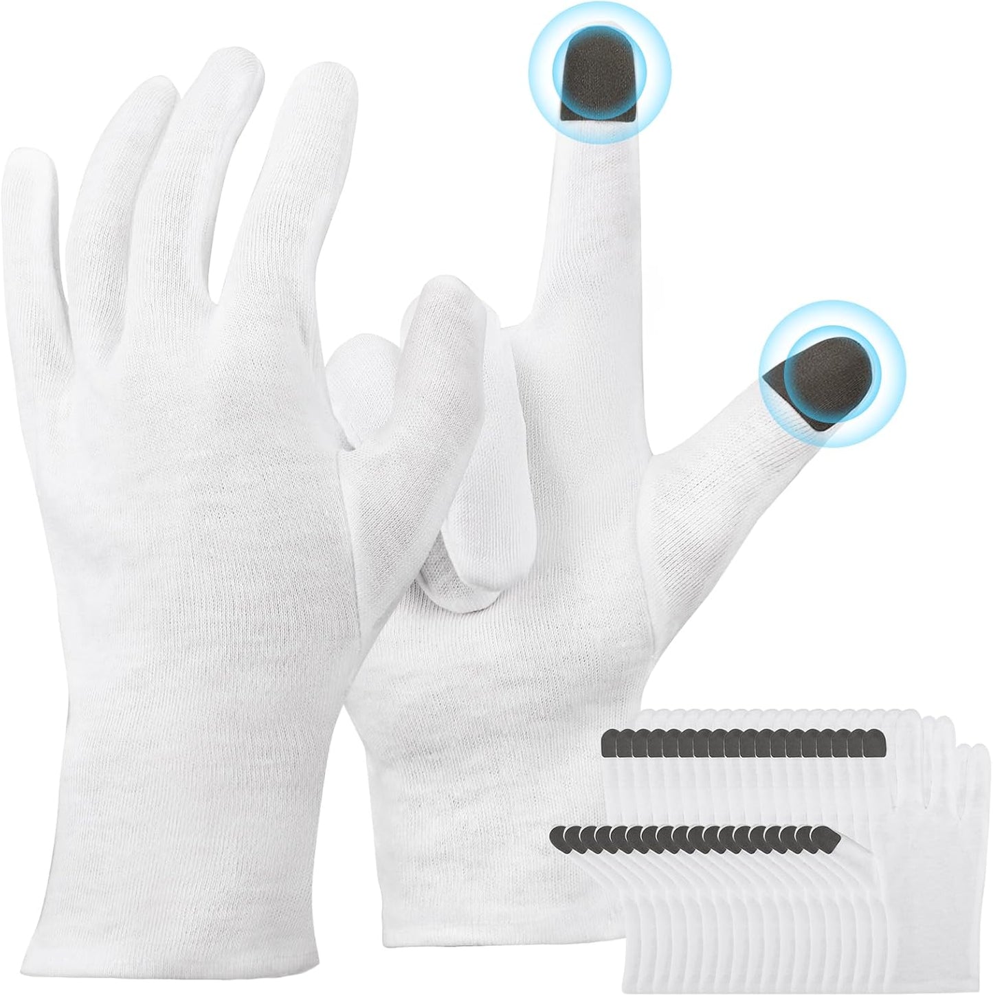 Extra Large Touch Screen Gloves - 10 Pairs White Cotton Gloves for Coin Handling, Jewelry, Photography, Art Handling, for Dry Hands Sleeping, with Pack of 40 Touch Screen Stickers