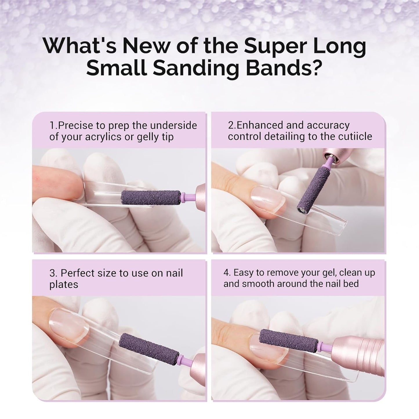MelodySusie 50 Pcs Nail Drill Bits Super Long Small Sanding Bands with 3.1mm Crystal Mandrel Bit, 180 Fine Grit Nail File for Acrylic Nails Gel Manicures and Pedicure, Purple