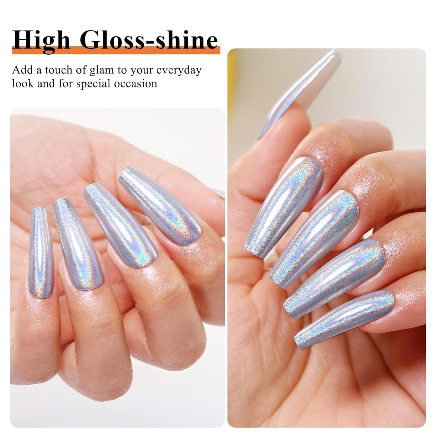Imtiti Holographic Silver Chrome Nail Powder Kit,1g Holo Iridescent Silver Meatllic Mirror Effect Powder with 10ml White Color Gel Polish Metal Nail UV DIY Kit