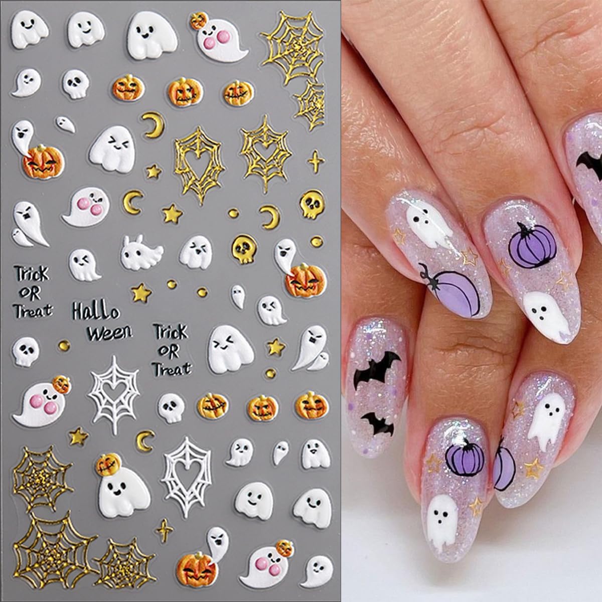 3 Sheets Halloween Nail Stickers for Nail Art, 5D Embossed Halloween Nail Art Stickers Cute Cat Ghost Nails Decals Self-Adhesive Gold Pumpkin Spider Web Nails Supplies for Women DIY Manicure Decor