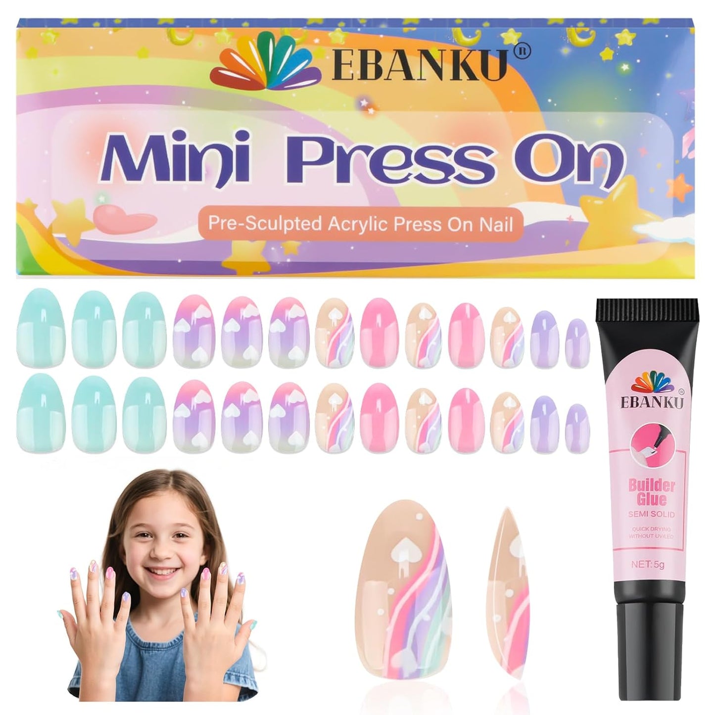 EBANKU 26 Pcs Kids Press on Nails Kit, Fake Nails for Girls 5-12 Years Colorful Purple Blue False Nails with Nail Glue, Short Full Cover Press on Nails Tip for Child
